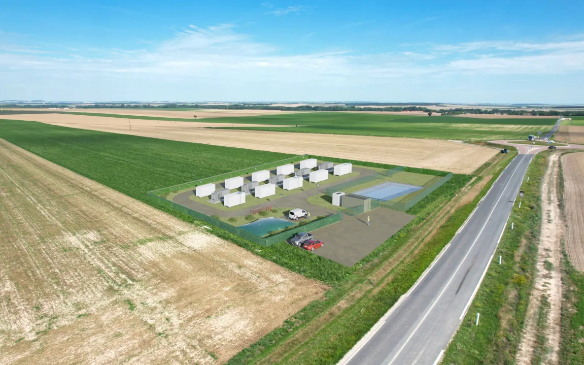 Photomontage d'une centrale de stockage d'énergie par batteries, projet dans la Marne (site 1)